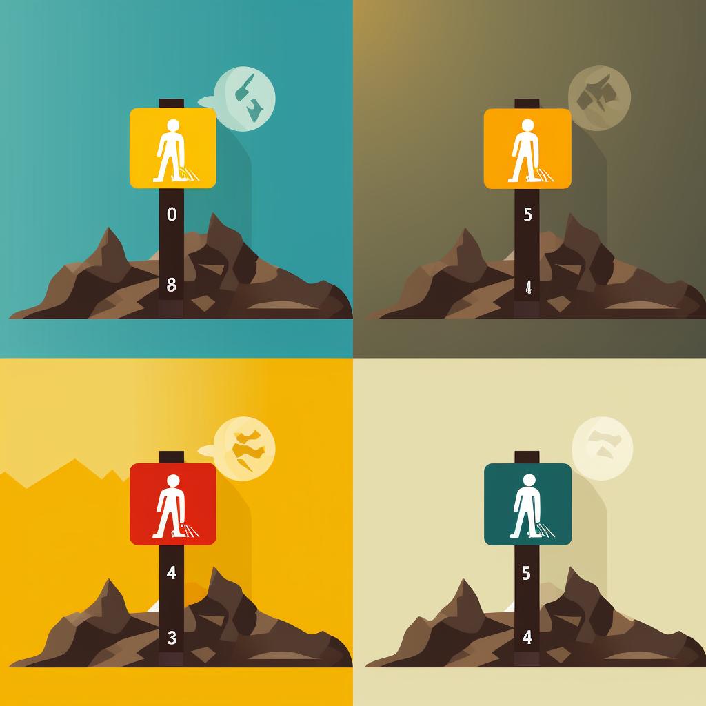 Hiking trail signs indicating different difficulty levels